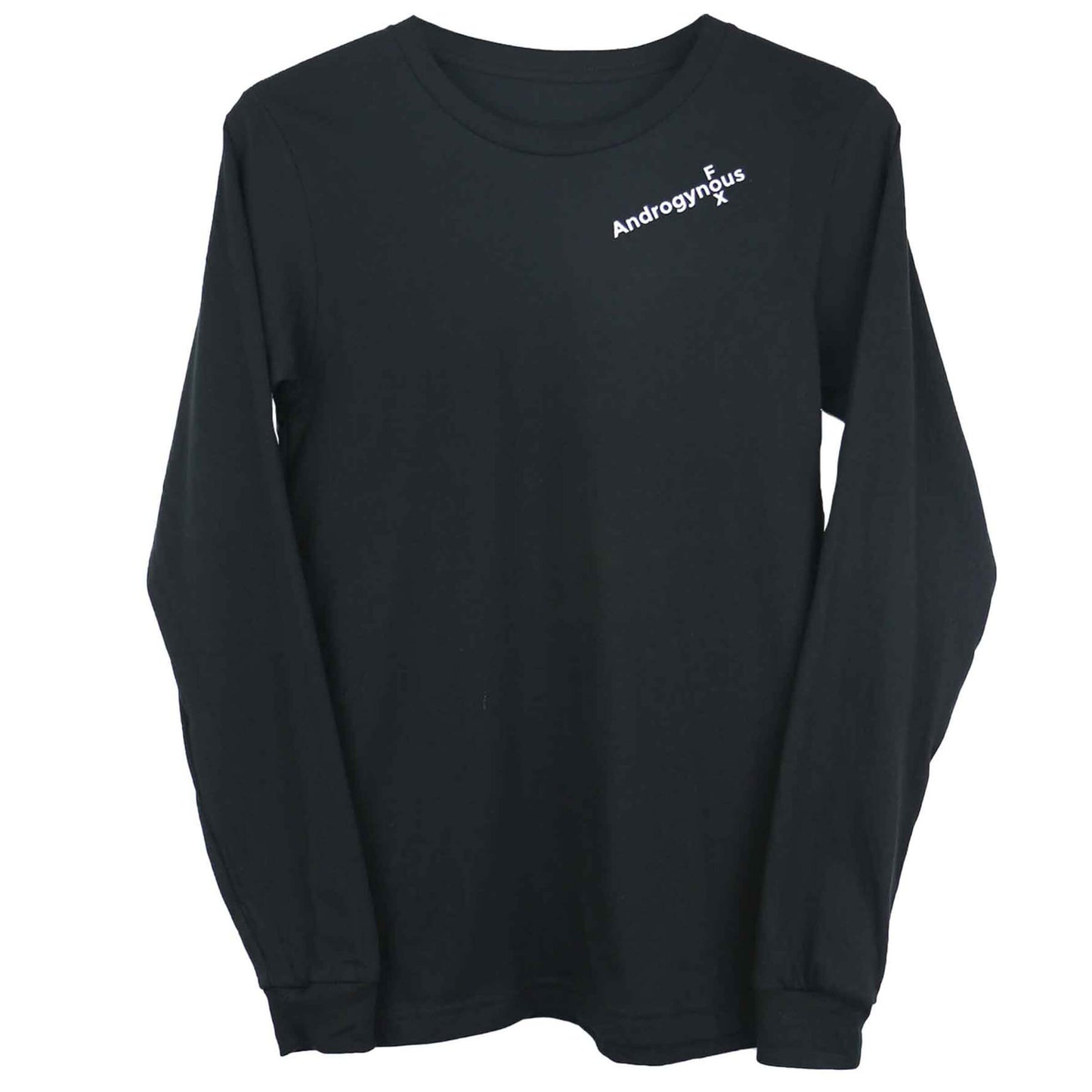Androgynous Fox long sleeve t-shirt with androgynous fox logo on the upper left side. Shown in black.