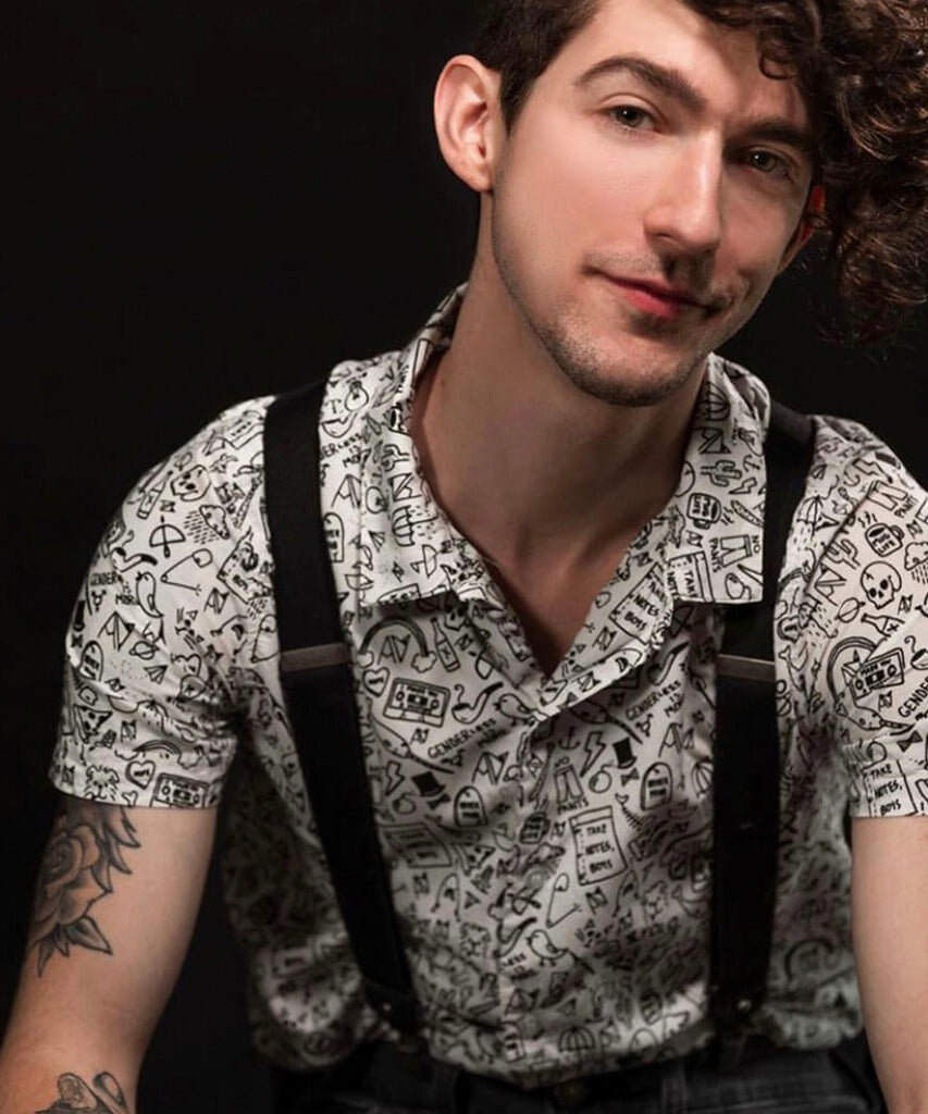 Stick n' Poke Button Up on model — Androgynous Fox androgynous button up shirt
