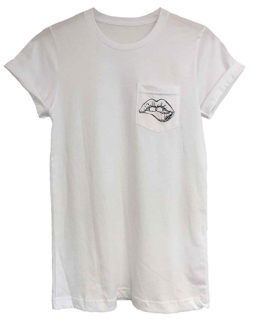 Androgynous Fox white crew neck pocket tee with small lips printed in black on the pocket. 