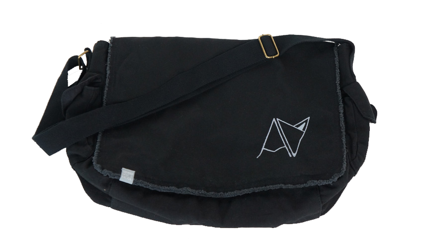 Black Androgynous Fox Messenger Bag with adjustable strap, side pockets, inside quick access pocket