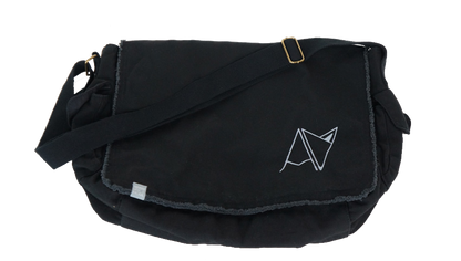 Black Androgynous Fox Messenger Bag with adjustable strap, side pockets, inside quick access pocket