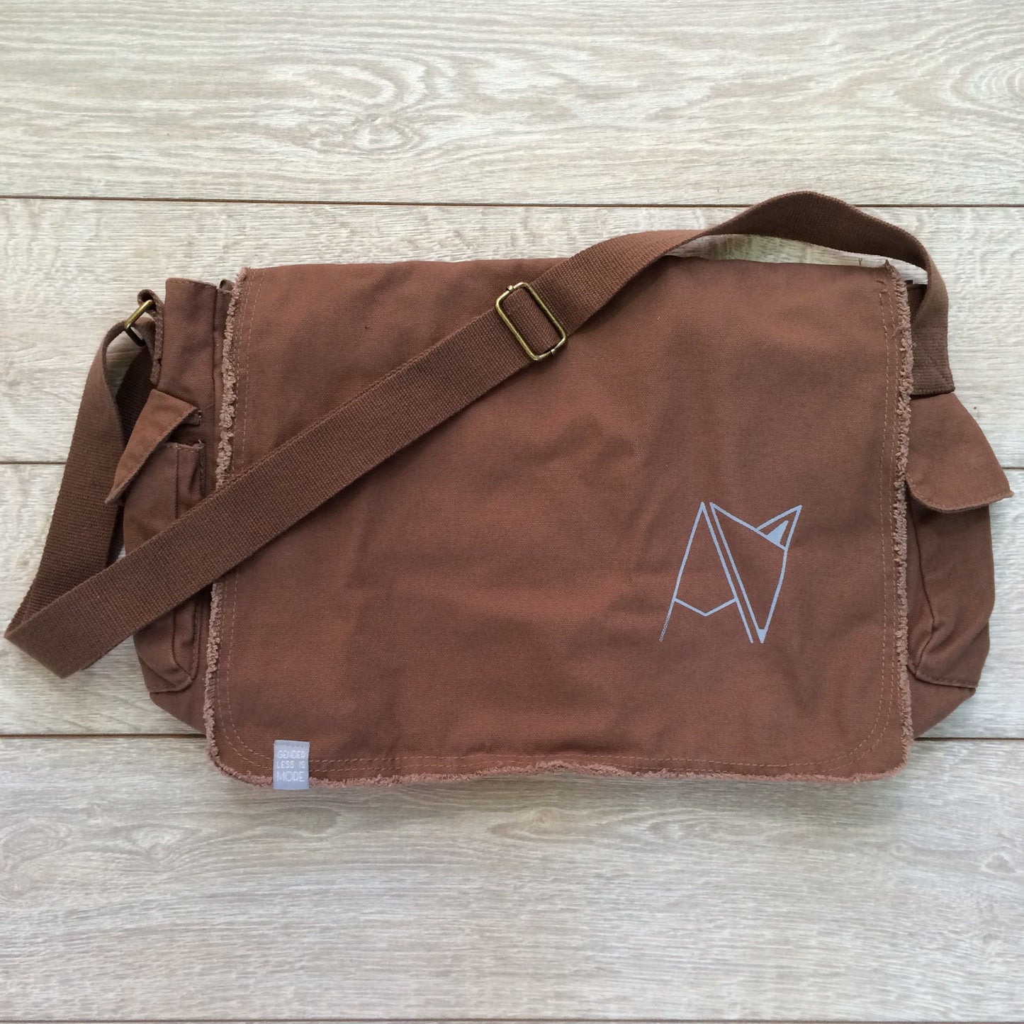 Brown Androgynous Fox Messenger Bag with adjustable strap and inside quick access pocket