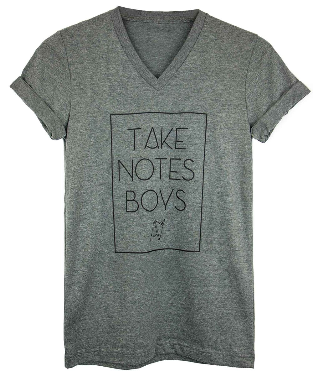 Grey v-neck 'take notes boys" t-shirt by Androgynous Fox