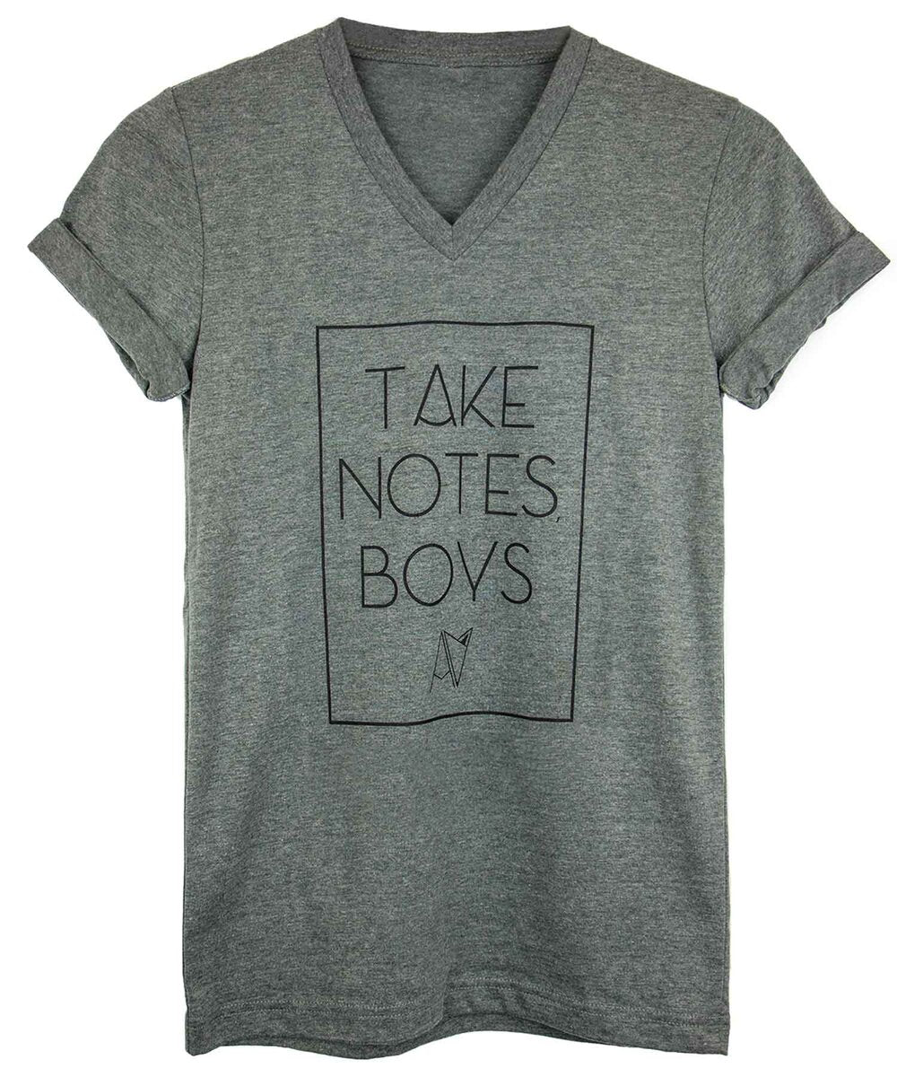 Take Notes Boys V Neck in Grey — gender neutral queer graphic tee